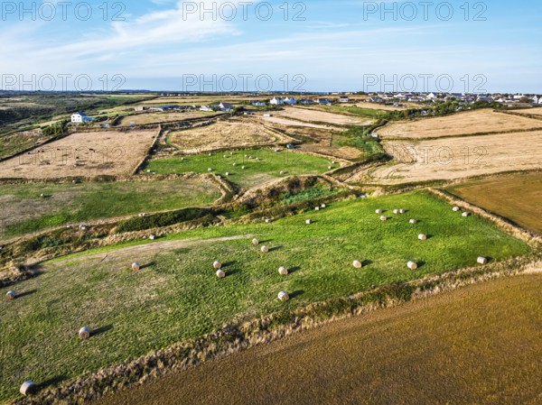 Cornwall fields and farms from a drone, Lizard Peninsula, South West Coast Path, Lizard, Cornwall, England, United Kingdom