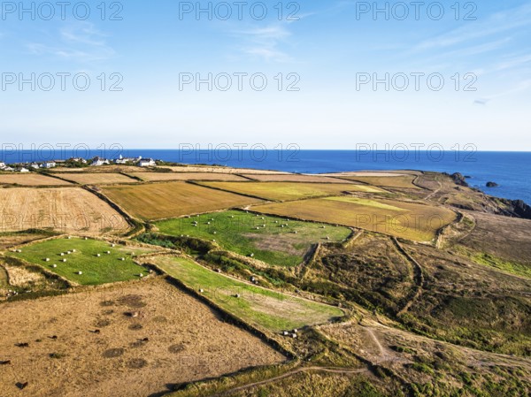 Cornwall fields and farms from a drone, Lizard Peninsula, South West Coast Path, Lizard, Cornwall, England, United Kingdom