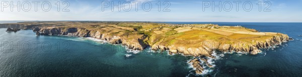 Panorama of Lizard Peninsula cliffs from a drone, South West Coast Path, Lizard, Cornwall, England, United Kingdom