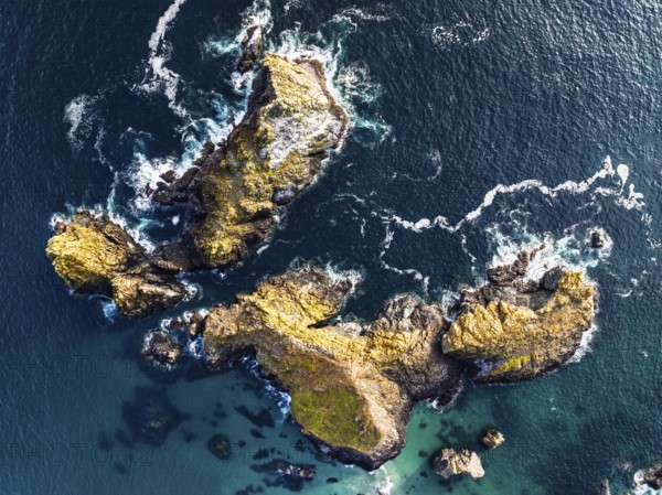 Top Down view over Kynance Cove from a drone, Mount's Bay, Lizard Point, Cornwall, England, United Kingdom