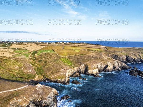 Lizard Peninsula cliffs from a drone, South West Coast Path, Lizard, Cornwall, England, United Kingdom