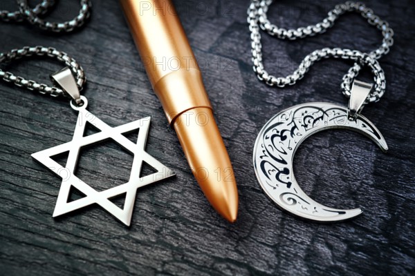 Rifle cartridge between chains with Star of David and crescent, symbolic photo Middle East and Gaza conflict