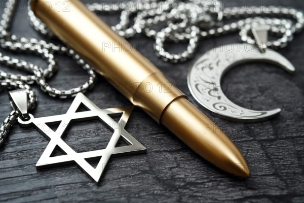 Rifle cartridge between chains with Star of David and crescent, symbolic photo Middle East and Gaza conflict