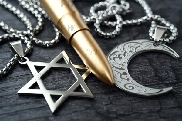 Rifle cartridge between chains with Star of David and crescent, symbolic photo Middle East and Gaza conflict