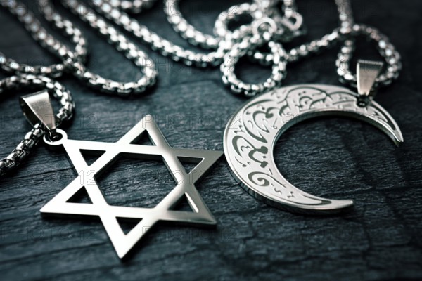 Chains with Star of David and crescent, symbolic photo of the Middle East and Gaza conflict