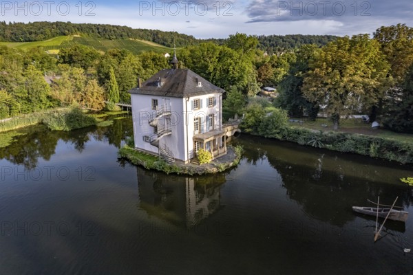 The Trappenseeschlösschen in the Trappensee in Heilbronn seen from the air, Baden-Württemberg, Germany