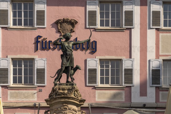 Diana statue by sculptor Wilhelm Sauer in front of the Fürstenberg Bräustüble in Donaueschingen, Baden-Württemberg, Germany