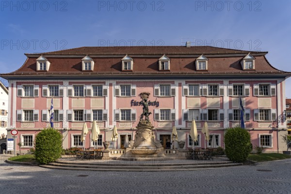 Diana Fountain by sculptor Wilhelm Sauer in front of the Fürstenberg Bräustüble in Donaueschingen, Baden-Württemberg, Germany