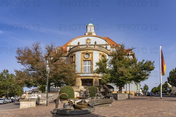 Musicians' fountain in front of the Blue Town Hall in Donaueschingen, Baden-Württemberg, Germany