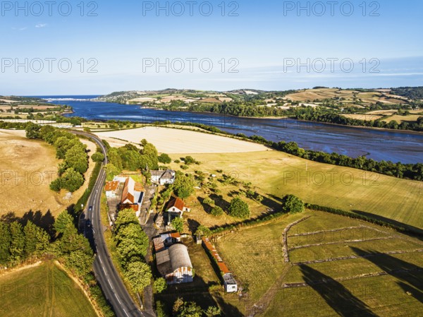 Farms and Fields over River Teign and Teignmouth Road from drone, Newton Abbot, Devon, England, United Kingdom