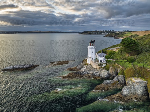 St Anthony Lighthouse from drone, Roseland peninsula, Head circular walk, Cornwall, UK