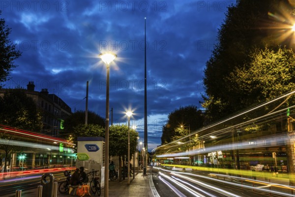 Traces of light at the blue hour, The Spire, Monument of Light, O'Connell Street, Dublin, Ireland