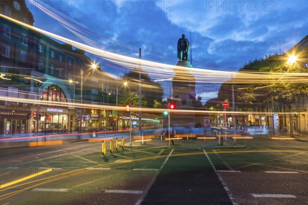 Traces of light at the blue hour, O'Connell Monument, O'Connell Street, Dublin, Ireland