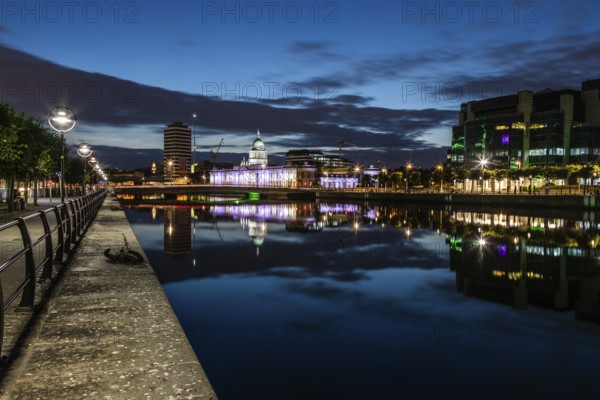 Buildings reflected in the River Liffey, night shot, Dublin, Ireland