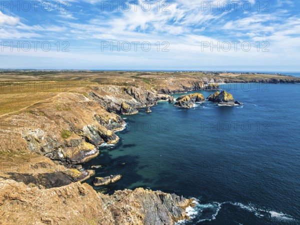 Kynance Cove from a drone, Mount's Bay, Lizard Point, Cornwall, England, United Kingdom