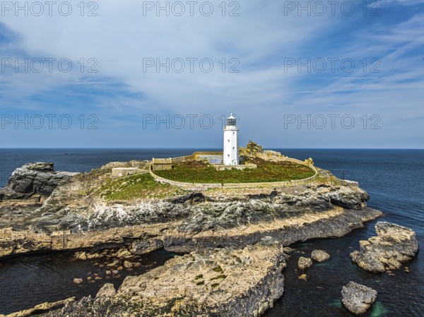 Godrevy Lighthouse from a drone, Godrevy Island, St Ives Bay, Cornwall, England, United Kingdom