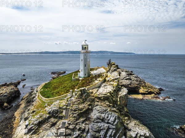 Godrevy Lighthouse from a drone, Godrevy Island, St Ives Bay, Cornwall, England, United Kingdom