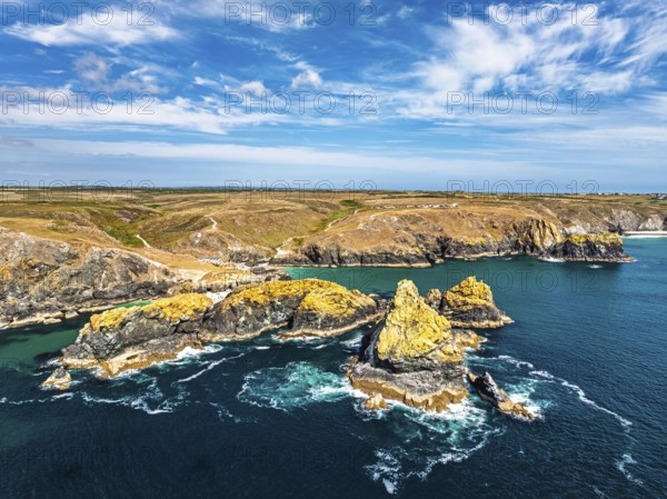 Kynance Cove from a drone, Mount's Bay, Lizard Point, Cornwall, England, United Kingdom