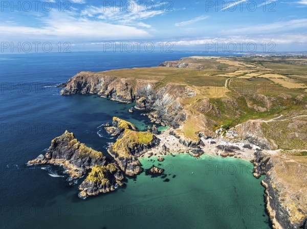 Kynance Cove from a drone, Mount's Bay, Lizard Point, Cornwall, England, United Kingdom