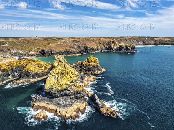 Kynance Cove from a drone, Mount's Bay, Lizard Point, Cornwall, England, United Kingdom