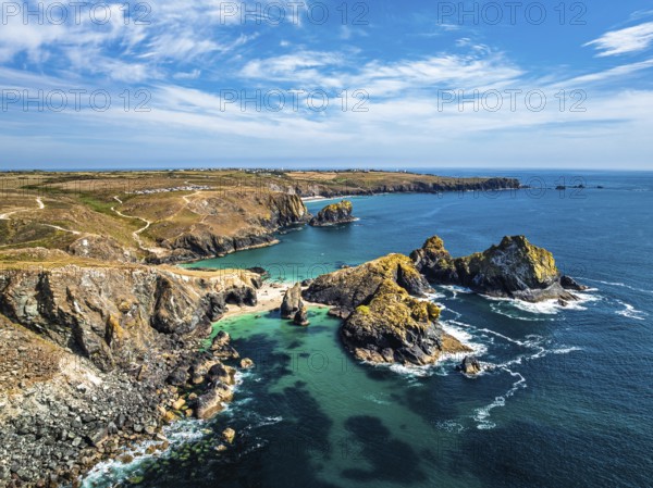 Kynance Cove from a drone, Mount's Bay, Lizard Point, Cornwall, England, United Kingdom