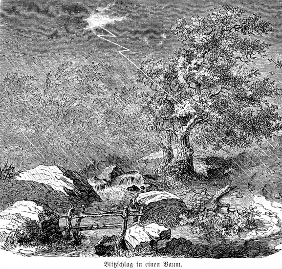 Lightning strike in a tree, lonely wild landscape, rain, storm, brook, rocks, inventions in the 19th century, electrical engineering, electricity, industry, historical illustration 1872, Germany