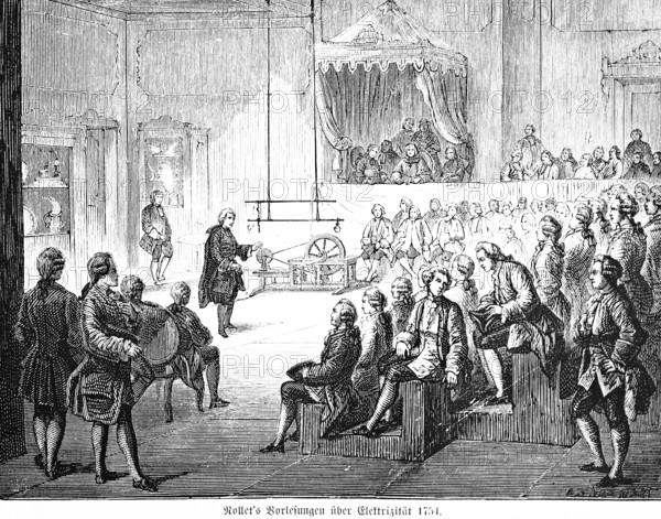 Nollet's lecture on electricity 1754, Jean-Antoine Nollet, French professor of experimental physics, lecture, machine, many listeners, full hall, scholar, inventions in the 18th century, technology, industry, historical illustration 1872, Germany