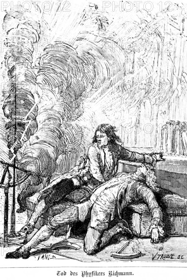 Death of the physicist Richmann, Professor Georg Wilhelm Richman died in 1753 in St. Petersburg during an experiment with electricity, assistant, inventions in the 19th century, technology, industry, historical illustration 1872, Germany