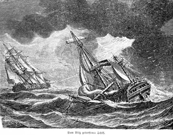 Ship struck by lightning, at sea, heavy seas, sailing ships, inventions in the 18th century, technology, industry, historical illustration 1872, Germany