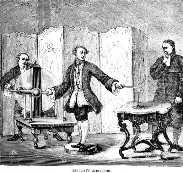 Jallabert's experiment, physicist Jean Jallabert (1712-1768) attempt to transmit electricity in Geneva in 1748, insulating stool, wooden rod, sphere, inventions in the 18th century, technology, industry, historical illustration 1872, Germany