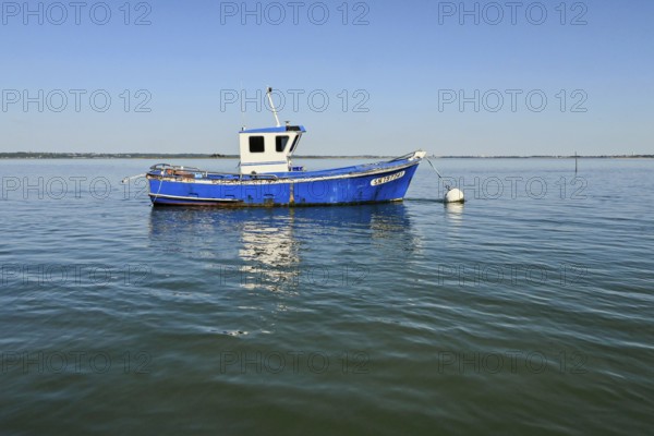 Boat off the Pen-Bron peninsula in the Gulf of Le Grand-Traict, Le Croisic, Loire-Atlantique, Pays de la Loire, France