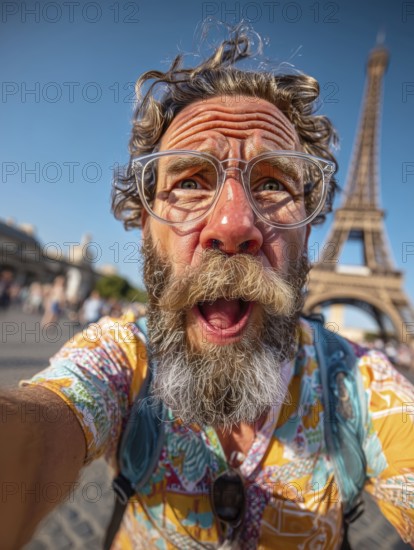 An elderly man takes an unflattering selfie with his smartphone in front of the Eiffel Tower in Paris, AI generated, AI generated