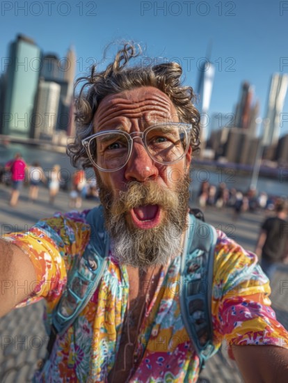 An elderly man takes an unflattering selfie with his smartphone in front of the Manhattan skyline, AI generated, AI generated