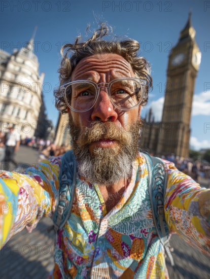 An elderly man takes an unflattering selfie with his smartphone in front of Big Ben in London City, AI generated, AI generated