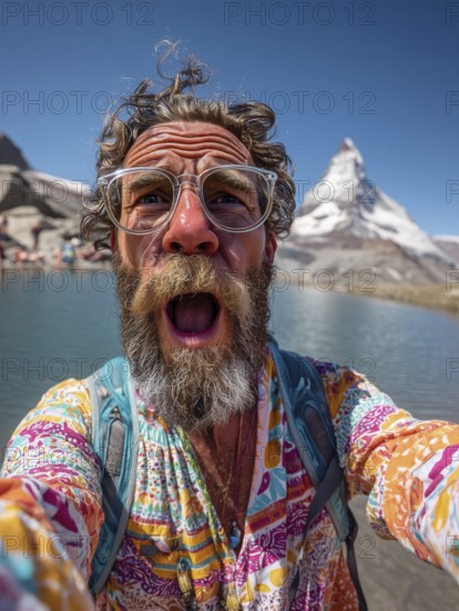 An elderly man takes an unflattering selfie with his smartphone in front of the Matterhorn, AI generated, AI generated