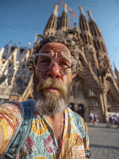 An elderly man takes an unflattering selfie with his smartphone in front of the Sagrada Familia in Barcelona, AI generated, AI generated