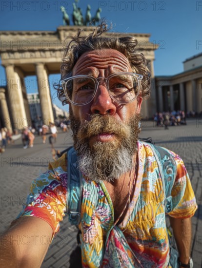 An elderly man takes an unflattering selfie with his smartphone in front of the Brandenburg Tor in Berlin Mitte, AI generated, AI generated