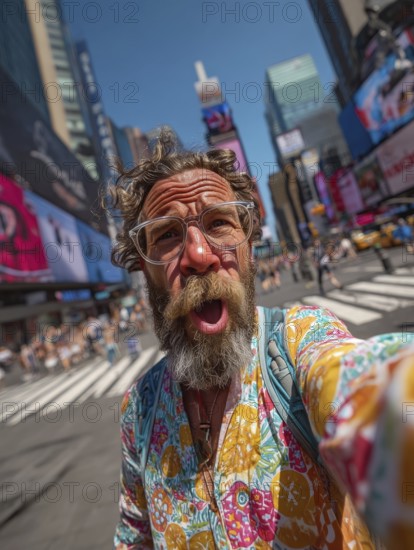 An elderly man takes an unflattering selfie with his smartphone in front of Time Square in New York City, AI generated, AI generated