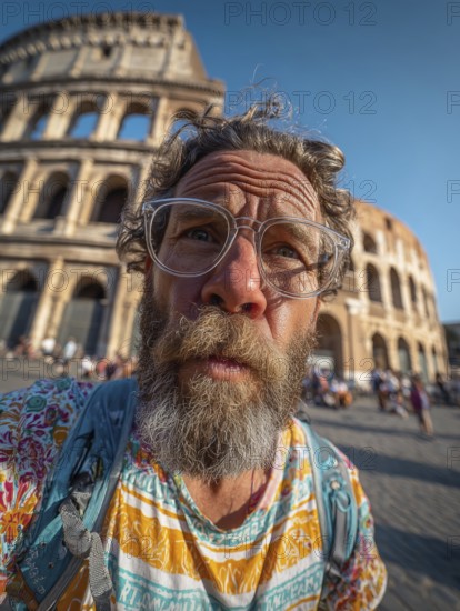 An elderly man takes an unflattering selfie with his smartphone in front of the Colosseum in Rome, AI generated, AI generated