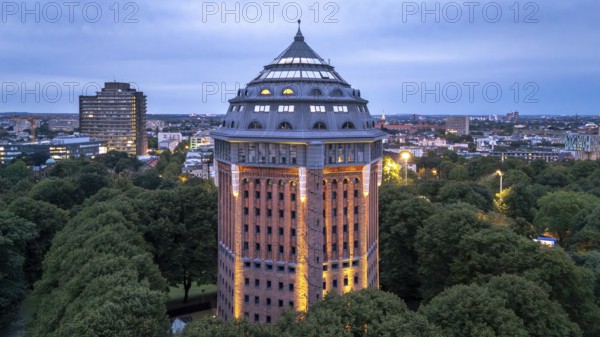 Aerial view of the ski jump tower in Sternschanzenpark zur Blauen Stunden, Hamburg, Germany