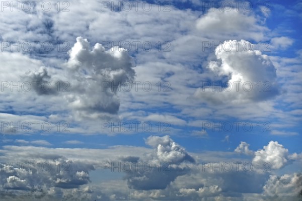 Several types of cumulus white clouds, darker cumulus clouds at the bottom edge of the picture Cluster clouds in the centre of the picture piling up cumulonimbus above them behind many cirrocumulus clouds, international