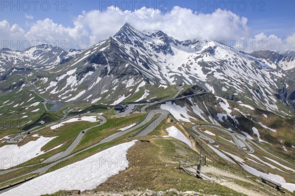 View from Edelweißgrat Edelweißspitze Edelweißhütte in the Großglockner massif Großglockner massif on many curves serpentines winding mountain road alpine road pass road Großglockner-Hochalpenstraße above tree line, in the background white clouds cumulus cumulus clouds, Heiligenblut, Carinthia, Austria