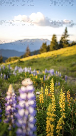 Late summer country landscape with colorful blooming meadow and sunbeam, AI generated