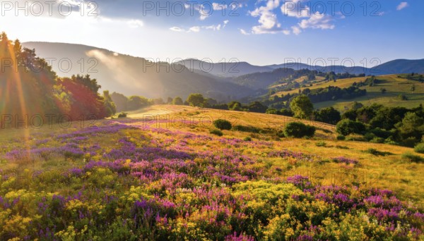 Late summer country landscape with colorful blooming meadow and sunbeam, AI generated