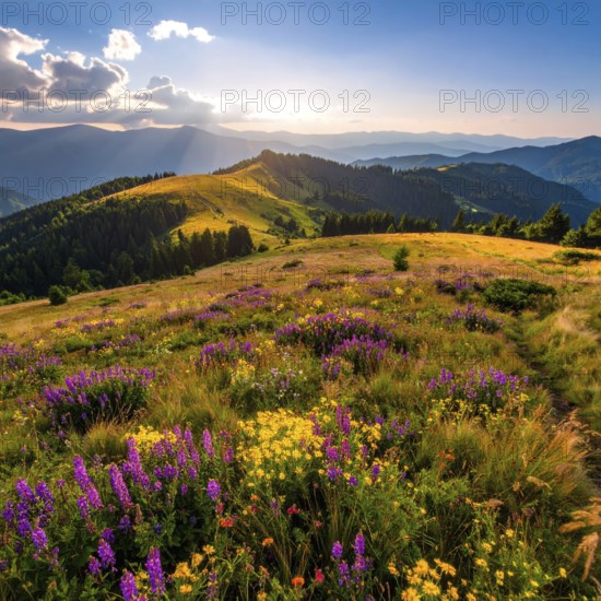 Late summer country landscape with colorful blooming meadow and sunbeam, AI generated