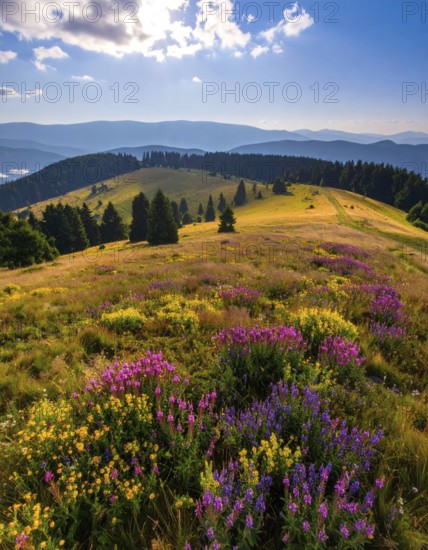 Late summer country landscape with colorful blooming meadow and sunbeam, AI generated