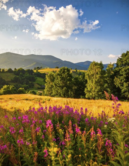 Late summer country landscape with colorful blooming meadow and sunbeam, AI generated