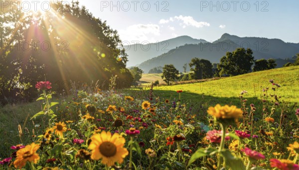Late summer country landscape with colorful blooming meadow and sunbeam, AI generated