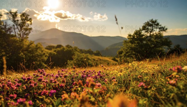 Late summer country landscape with colorful blooming meadow and sunbeam, AI generated