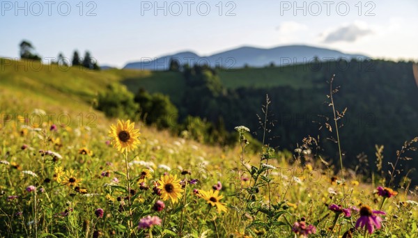 Late summer country landscape with colorful blooming meadow and sunbeam, AI generated